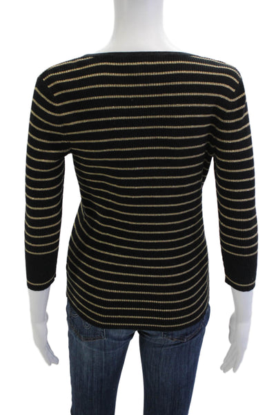 Lauren Ralph Lauren Women Black V-Neck Striped 3/4 Sleeve Basic Top Size S