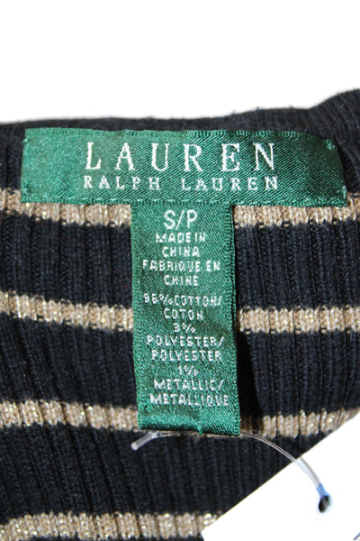 Lauren Ralph Lauren Women Black V-Neck Striped 3/4 Sleeve Basic Top Size S