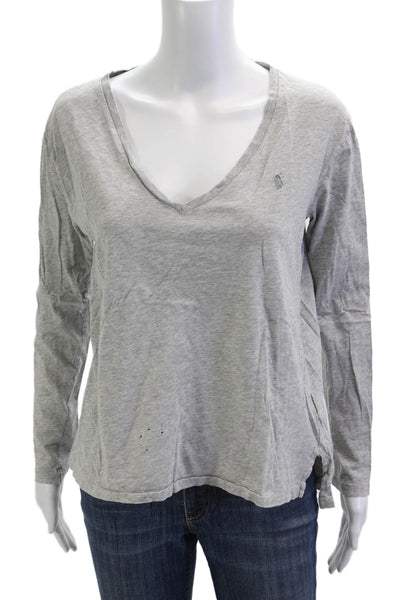 Polo Ralph Lauren Women Basic Gray Cotton V-Neck Long Sleeve T-Shirt Size M