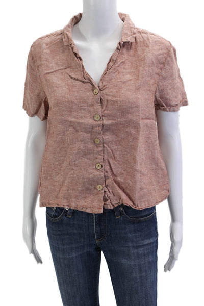 Rachel Zoe Women Basic Brown Linen Button-Up Short Sleeve Collared Top Size M