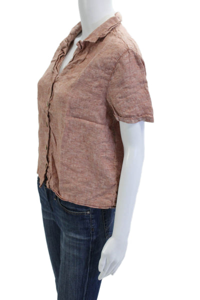 Rachel Zoe Women Basic Brown Linen Button-Up Short Sleeve Collared Top Size M