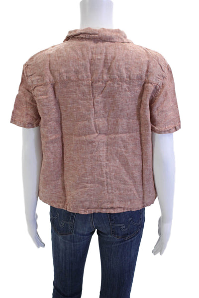 Rachel Zoe Women Basic Brown Linen Button-Up Short Sleeve Collared Top Size M