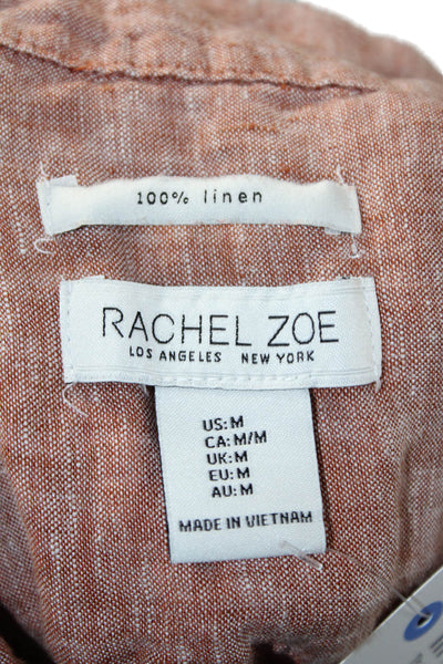 Rachel Zoe Women Basic Brown Linen Button-Up Short Sleeve Collared Top Size M