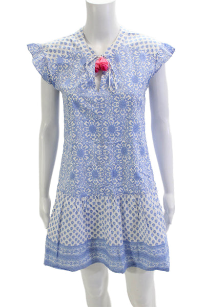 Vineyard Vines Women Shift Dress Light Blue Floral V Neck Short Sleeve Size 2XS