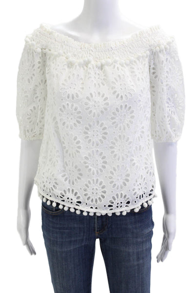 Lilly Pulitzer Women Boho Floral Cotton Short Sleeve Blouse White Size XS