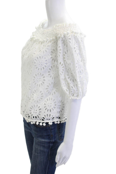 Lilly Pulitzer Women Boho Floral Cotton Short Sleeve Blouse White Size XS