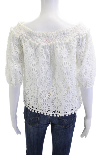 Lilly Pulitzer Women Boho Floral Cotton Short Sleeve Blouse White Size XS
