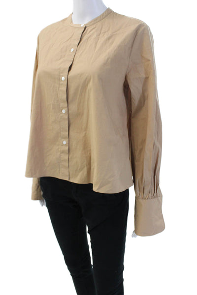 Theory Women Tan Button-Up Long Sleeve Crew Neck Cotton Blend Size S