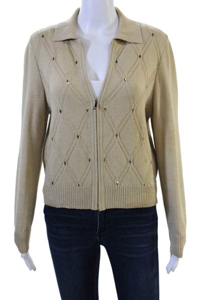 St. John Sport Unisex Beige Wool Blend Argyle Full Zip Cardigan Size PP