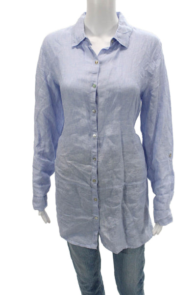 Tahari Women Linen Collared Tunic Button Up Light Blue Long Sleeve Size M