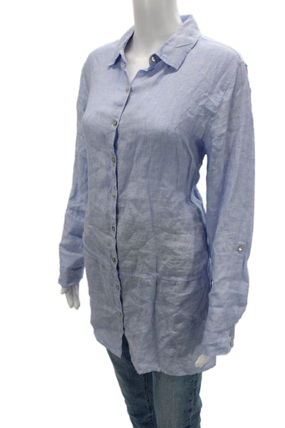 Tahari Women Linen Collared Tunic Button Up Light Blue Long Sleeve Size M