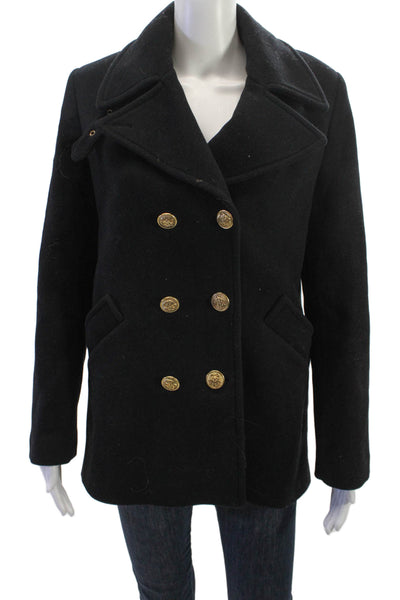Zara Womens Pea Coat Black Button Collared Long Sleeve Polyester Size M