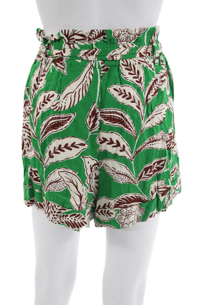 Zara Unisex Floral Cotton Blend Drawstring Beach Shorts Green Size S
