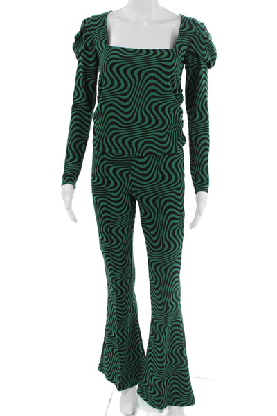 Zara Women Green Geometric Square Neck Long Sleeve Jumpsuit Polycotton Size S