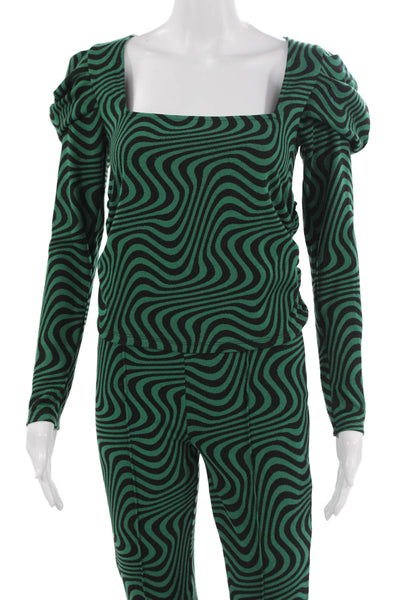 Zara Women Green Geometric Square Neck Long Sleeve Jumpsuit Polycotton Size S