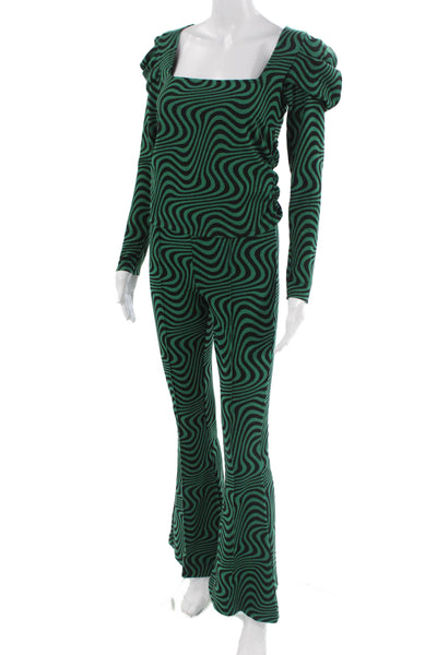 Zara Women Green Geometric Square Neck Long Sleeve Jumpsuit Polycotton Size S
