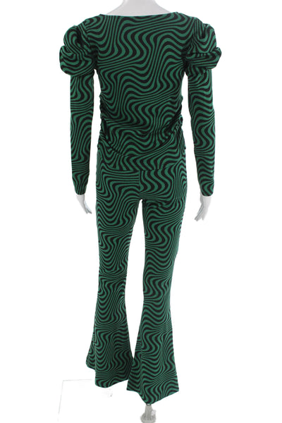 Zara Women Green Geometric Square Neck Long Sleeve Jumpsuit Polycotton Size S