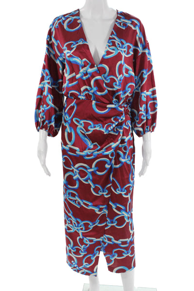 Zara Women Red Geometric V-Neck Midi Dress 3/4 Sleeve Polyester Blend Size XS