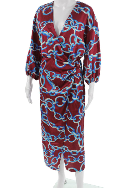 Zara Women Red Geometric V-Neck Midi Dress 3/4 Sleeve Polyester Blend Size XS