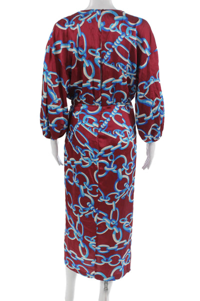 Zara Women Red Geometric V-Neck Midi Dress 3/4 Sleeve Polyester Blend Size XS