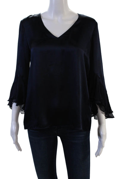 Tahari Women Dark Blue Silk V-Neck 3/4 Sleeve Blouse Size XS