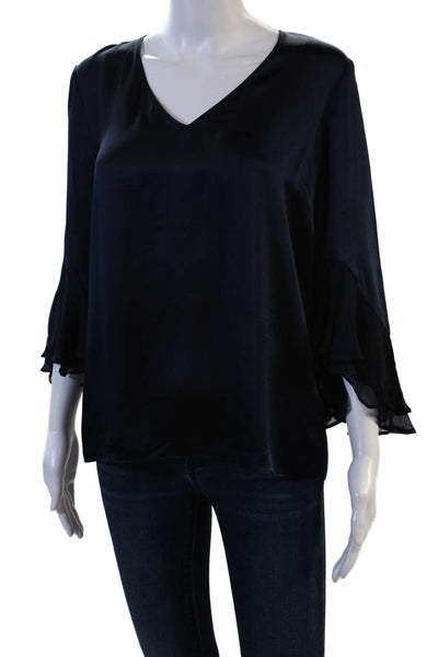 Tahari Women Dark Blue Silk V-Neck 3/4 Sleeve Blouse Size XS