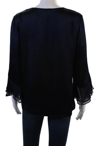 Tahari Women Dark Blue Silk V-Neck 3/4 Sleeve Blouse Size XS
