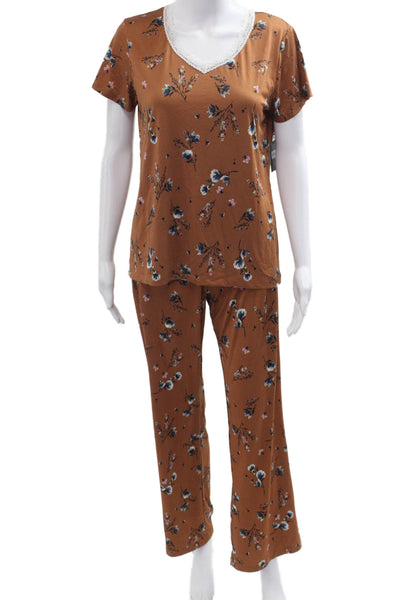 Nanette Lepore Womens Floral V Neck Short Sleeve Polyester Set Brown Size M