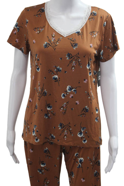 Nanette Lepore Womens Floral V Neck Short Sleeve Polyester Set Brown Size M