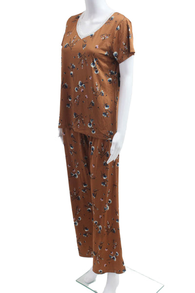 Nanette Lepore Womens Floral V Neck Short Sleeve Polyester Set Brown Size M