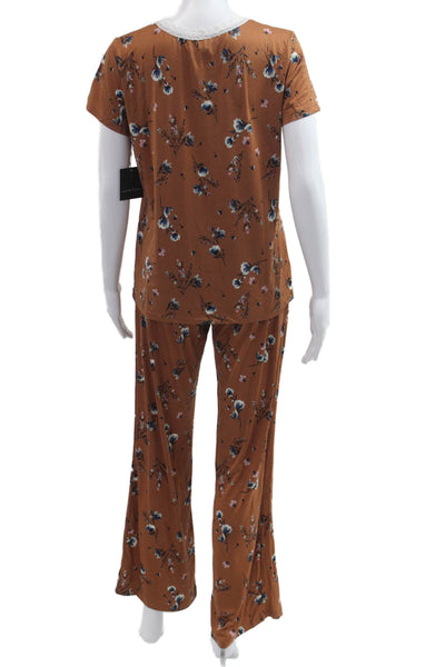 Nanette Lepore Womens Floral V Neck Short Sleeve Polyester Set Brown Size M