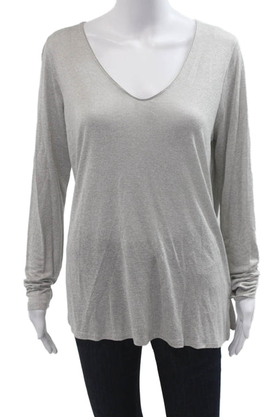 Tahari Womens Basic V-Neck Long Sleeve Gray Top Rayon Blend Size S
