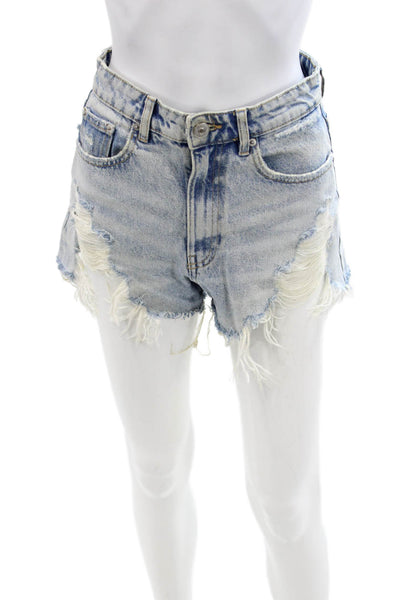 Zara Unisex 90s Light Blue Cotton Button Shorts Size 2