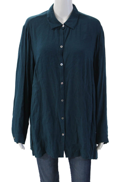 J. Jill Womens Basic Collared Button Up Long Sleeve Dark Blue Rayon Size 1X