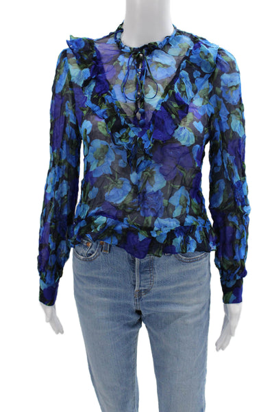 The Kooples Women Blue Floral Long Sleeve Viscose Button Blouse Size 1