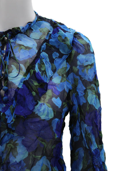 The Kooples Women Blue Floral Long Sleeve Viscose Button Blouse Size 1