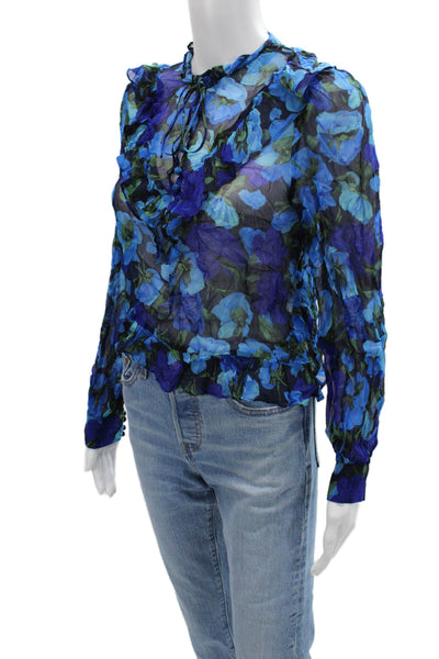The Kooples Women Blue Floral Long Sleeve Viscose Button Blouse Size 1
