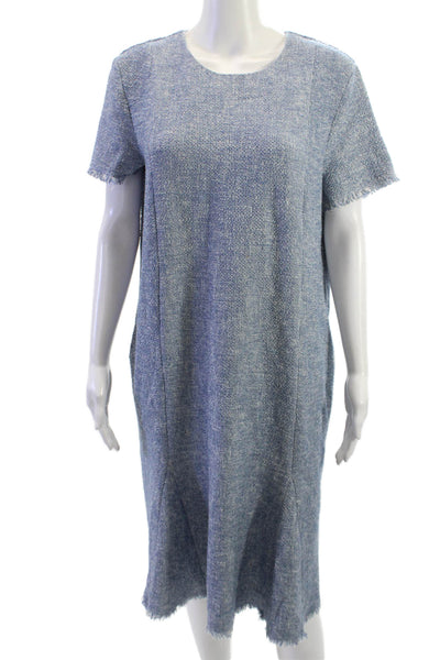 J. Mclaughlin Women Blue Shift Sweater Dress Short Sleeve Mid Calf Size L