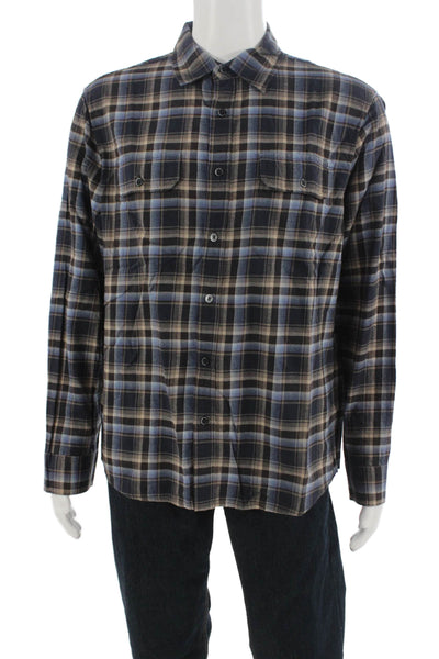 Michael Kors Mens Button Front Collared Plaid Shirt Brown Navy Size XL