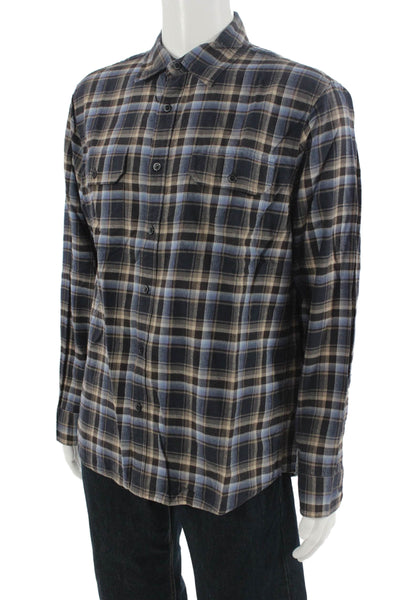 Michael Kors Mens Button Front Collared Plaid Shirt Brown Navy Size XL