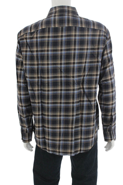 Michael Kors Mens Button Front Collared Plaid Shirt Brown Navy Size XL