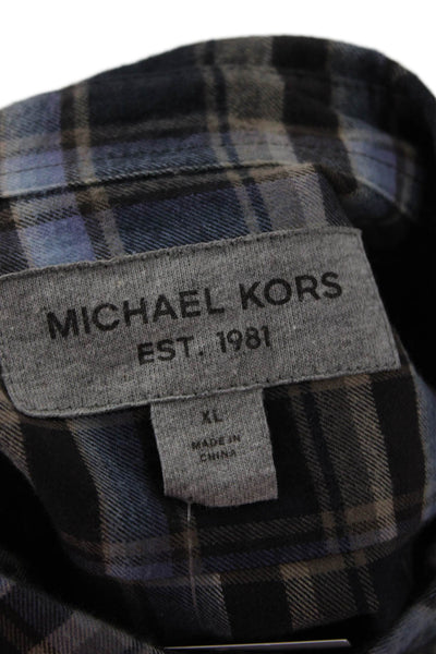 Michael Kors Mens Button Front Collared Plaid Shirt Brown Navy Size XL