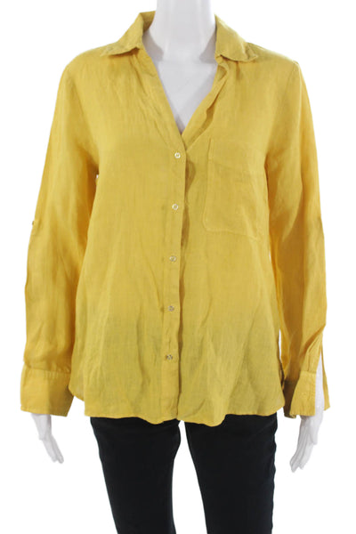 Zara Womens Basic Linen Collared Button Up Long Sleeve Yellow Top Size S