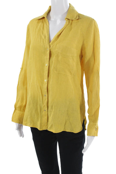 Zara Womens Basic Linen Collared Button Up Long Sleeve Yellow Top Size S