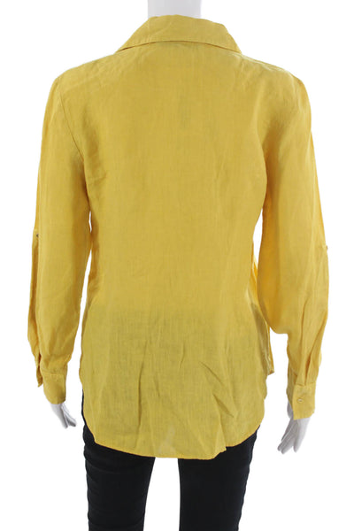 Zara Womens Basic Linen Collared Button Up Long Sleeve Yellow Top Size S