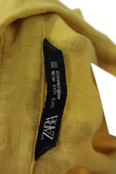 Zara Womens Basic Linen Collared Button Up Long Sleeve Yellow Top Size S