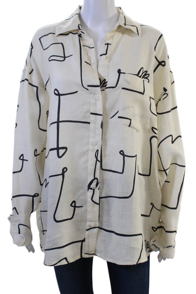 We Wore What Womens Linen Graphic Print Button-Up Long Sleeve Beige Size M