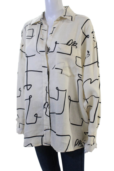 We Wore What Womens Linen Graphic Print Button-Up Long Sleeve Beige Size M