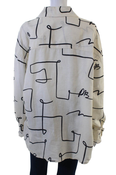 We Wore What Womens Linen Graphic Print Button-Up Long Sleeve Beige Size M