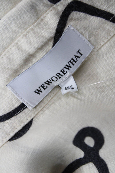 We Wore What Womens Linen Graphic Print Button-Up Long Sleeve Beige Size M